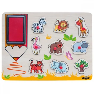 Puzzle din lemn cu stampile Woody- Animale din Africa