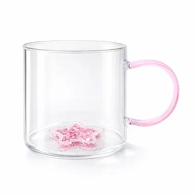 Cană cu model 3D steluță roz, pereți dubli, sticlă borosilicată și inserție de sclipici, 300 ml, Aurora Glow