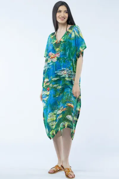 Rochie lunga de plaja tip poncho cu imprimeu dupa Nuferii de Claude Monet