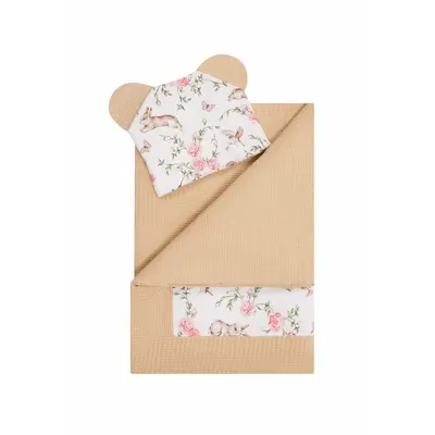 Set 2 piese, Qmini, Pentru patut, carucior si cosulet, Cu paturica si pernuta cu urechi, Din bumbac, Tesatura Waffle, Rabbit Beige
