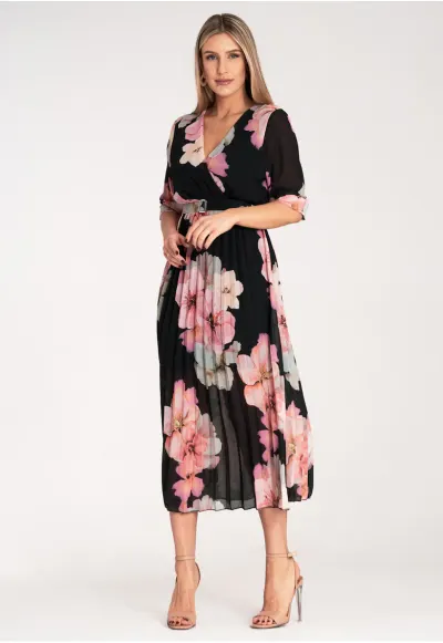 Rochie lunga - florala - neagra - plisata - poliester
