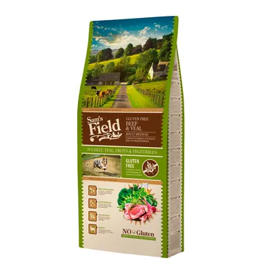 Sam's field adult medium beef & veal, hrana uscata fara gluten, pentru caini adulti de talie medie, 13kg