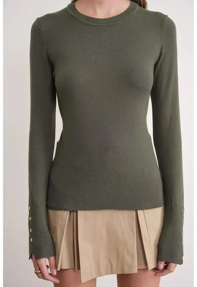 Pulover dama - Tricot - Kaki - Guler rotund - Slim fit