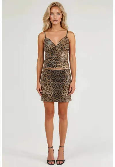 Fusta mini imprimeu leopard - paiete - maro cafea - textil