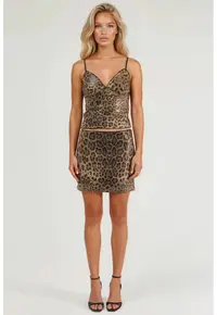 Fusta mini imprimeu leopard - paiete - maro cafea - textil