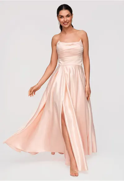 Rochie Maxi de Seara Eleganta - Croiala Ampla - Material Satinat Lucios - Bej
