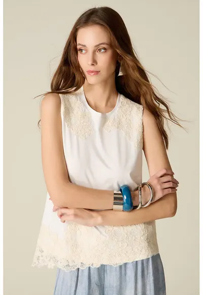 Bluza cu dantela - fara maneci - Alb/Bej deschis
