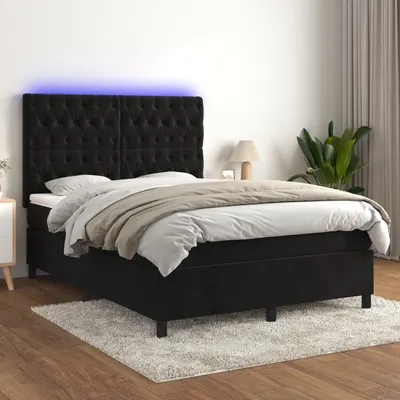 Gossi pat cu arcuri, saltea si led, negru, 140x200 cm, catifea