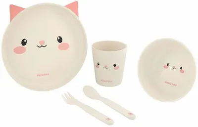 Set de hrănire din bambus KikkaBoo - Cat, roz
