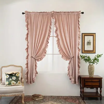 Set 2 Draperii din catifea, cu volanase, Roz, 140cm latime x 260cm inaltime, cu tiv lat pt bara