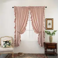 Set 2 Draperii din catifea, cu volanase, Roz, 140cm latime x 260cm inaltime, cu tiv lat pt bara