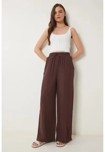 Pantaloni dama - Happiness Istanbul - picior larg - maro - bumbac