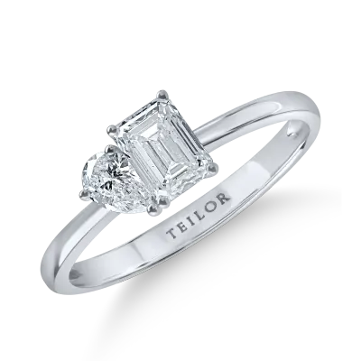 Inel minimalist din aur alb cu diamante emerald si pear de 0.92ct