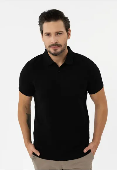 Tricou polo barbati din bumbac - uni - Regular Fit - O-Damson - negru - Negru