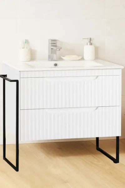 Set Baza front MDF si Lavoar seria 033, cadru metalic, cu sertare, montata, 80 cm, alb rustic