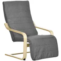HOMCOM Fotoliu Relax cu Suport picioare pe 5 Niveluri si Tetiera, Fotoliu Ergonomic din Lemn de Mesteacan si Tesut, Gri