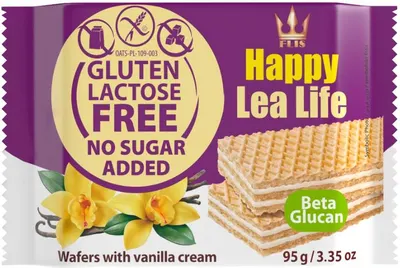 Napolitane fără gluten, lactoză și zahăr, cu vanilie, 95 g, Happy Lea Life