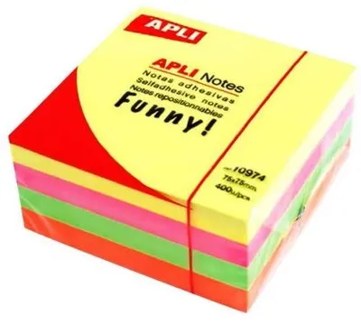 Cub notite autoadezive APLI - 4 culori neon, 75 x 75 mm, 400 bucati
