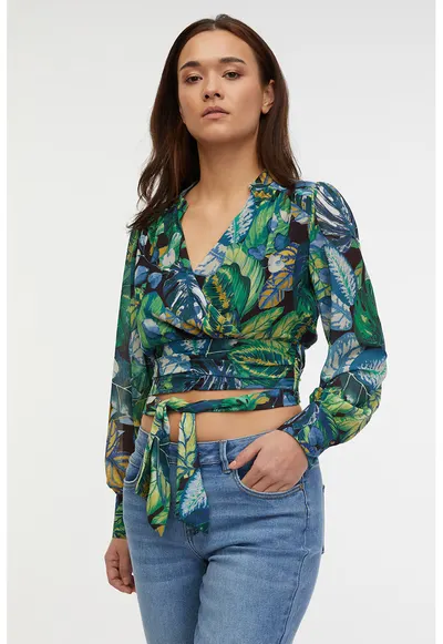 Bluza crop cu decolteu cache-coeur - Verde/Albastru