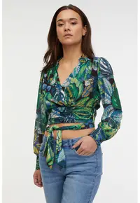 Bluza crop cu decolteu cache-coeur - Verde/Albastru