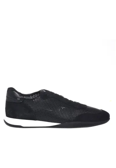 Pantofi sport de piele cu garnituri de piele intoarsa si perforatii - Negru