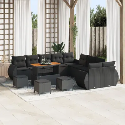 Set de canapea de gradina Gossi cu 13 piese cu perne ratan polimeric negru acacia, set de masa de gradina Gossi cu 3 piese cu perne ratan polimeric negru acacia