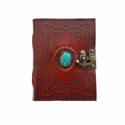Jurnal vintage, 17.5x12.5cm, piele naturala, piatra verde cu simboluri, Krashell
