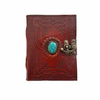 Jurnal vintage, 17.5x12.5cm, piele naturala, piatra verde cu simboluri, Krashell
