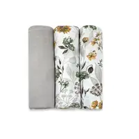 Set 3 museline, Qmini, Multifunctionale, Din bumbac certificat Oeko Tex Standard 100, 75x75 cm, Botanica si Grey