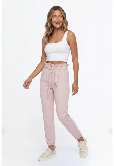 Pantaloni dama casual regular - lungime 7/8 - talie inalta - cu buzunare si curea - M1347 - Roz
