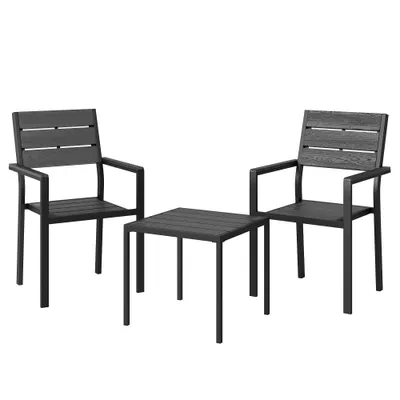 Outsunny Set bistro de grădină 3 piese masă bistro cu 2 scaune, design lamele, aspect lemn, blat HDPE rezistent la rugină | Aosom Romania