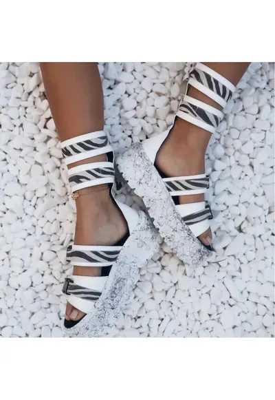 Sandale flatform din piele Baby Zebra - Alb/Negru