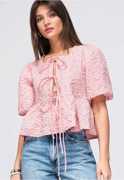 Bluza dama cu decolteu patratos - maneci bufante - material texturat OW-TS-E0048 - Roz