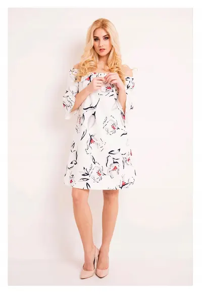 Rochie De Dama Cu Umerii Descoperiti - L036 - Material 95% Poliester - 5% Elastan - Lungime Midi - Decolteu Rotund - Stil Lejer - Maneci Trei Sferturi - De Inalta Calitate - Ecru - Ecru