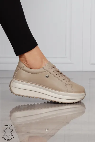 Pantofi CASUAL PIELE NATURALA cu talpa inalta CRL1275 KHAKI