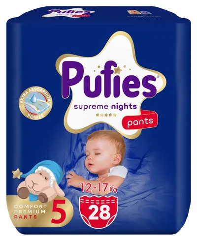 Scutece Pufies Supreme Nights - Pachet Value, mărimea 5 Junior, 12-17 kg, 28 bucăți