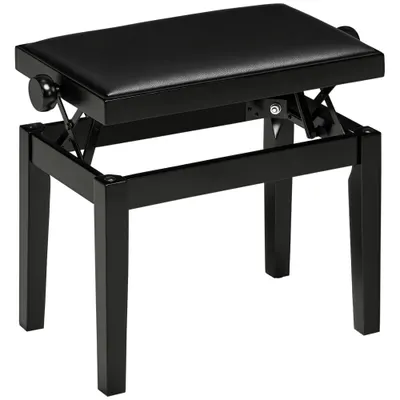HOMCOM Banc de pian, scaun de pian, reglabil în înălțime, elegant și lucios, piele ecologică + lemn cauciuc, negru, 63 x 33 x 56 cm | Aosom Romania