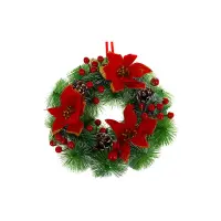 Coronita decorativa de Craciun, diametru 30 cm, conuri de pin, flori si fructe rosii