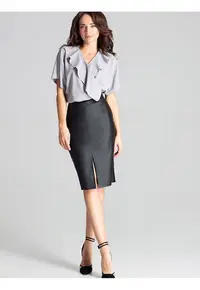 Fusta creion - midi - neagra - piele ecologica - fermoar decorativ - despicatura - Negru