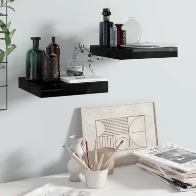 Gossi rafturi de perete 2 buc. negru extralucios 23x23,5x3,8 cm, mdf