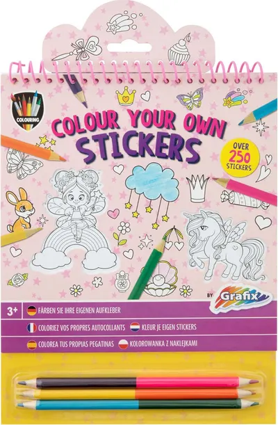 Carte de colorat autocolant Grafix Colouring - Cu 3 creioane, roz