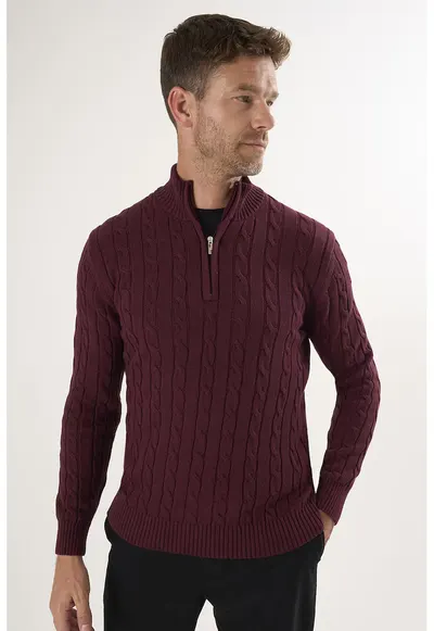 Pulover regular fit cu fenta cu fermoar - Visiniu