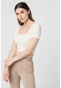 Tricou din amestec de modal cu decolteu patrat pentru fitness - Alb murdar