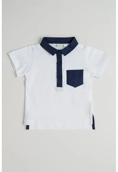 Tricou polo cu aplicatie pe piept - Alb optic/Bleumarin