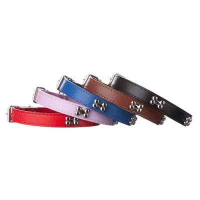 Zgarda din piele, personalizata cu oscioare, 2 cm x 47 cm, pentru caini de talie mica
