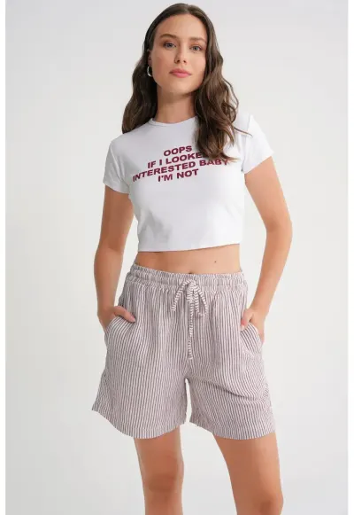 Pantaloni scurti dama - cu talie inalta - picior larg - rosu/alb - textil