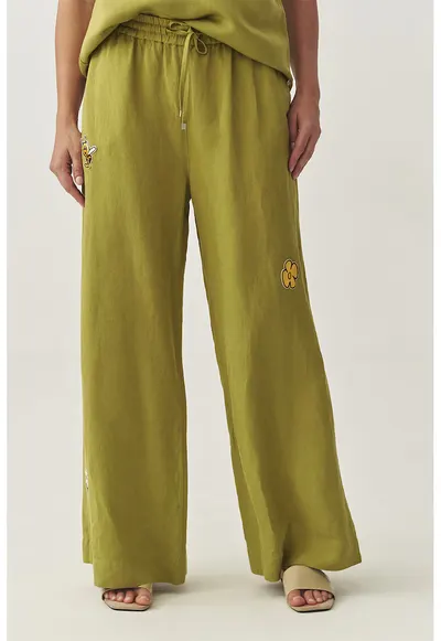 Pantaloni din amestec de in cu aplicatii - Verde fistic