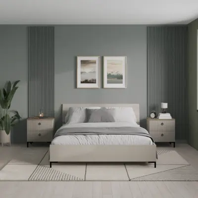 Set dormitor DOMINICA, 3 piese, pat cu somiera rabatabila 160x200 cm, 2 noptiere, taupe + stejar silverjack