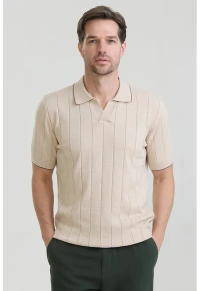 Tricou polo din bumbac cu striatii - Bej