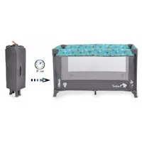Patut pliabil pentru copii Moni Safari Turquoise 125x62x75 cm cu un nivel,Deschidere laterala cu fermoar,Saltea pliabila si geanta transport incluse,de la 0 luni pana la 15 kg